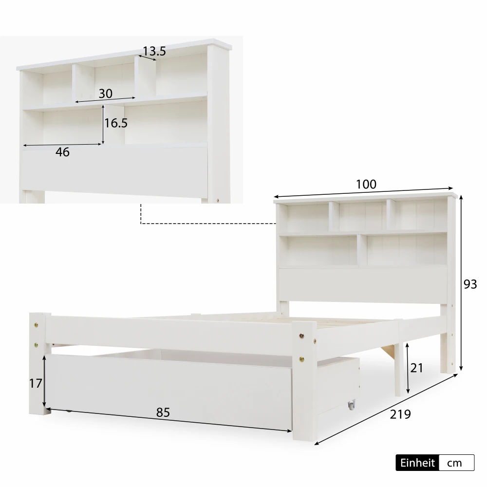 PINGGO Einzelbett aus Massivholz, 90 x 200 cm, weiß, mit Schubladen, Gitter-Bücherregal für Kinder, Jugendliche, Erwachsene, ohne Matratze – Detail 3
