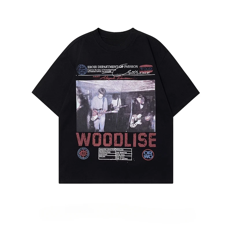 51 Camiseta de manga corta pesada Hip Hop High Street Rock Vibe para Hombre, Camiseta de media manga de gran tamaño con estampado de figura Retro para Hombre