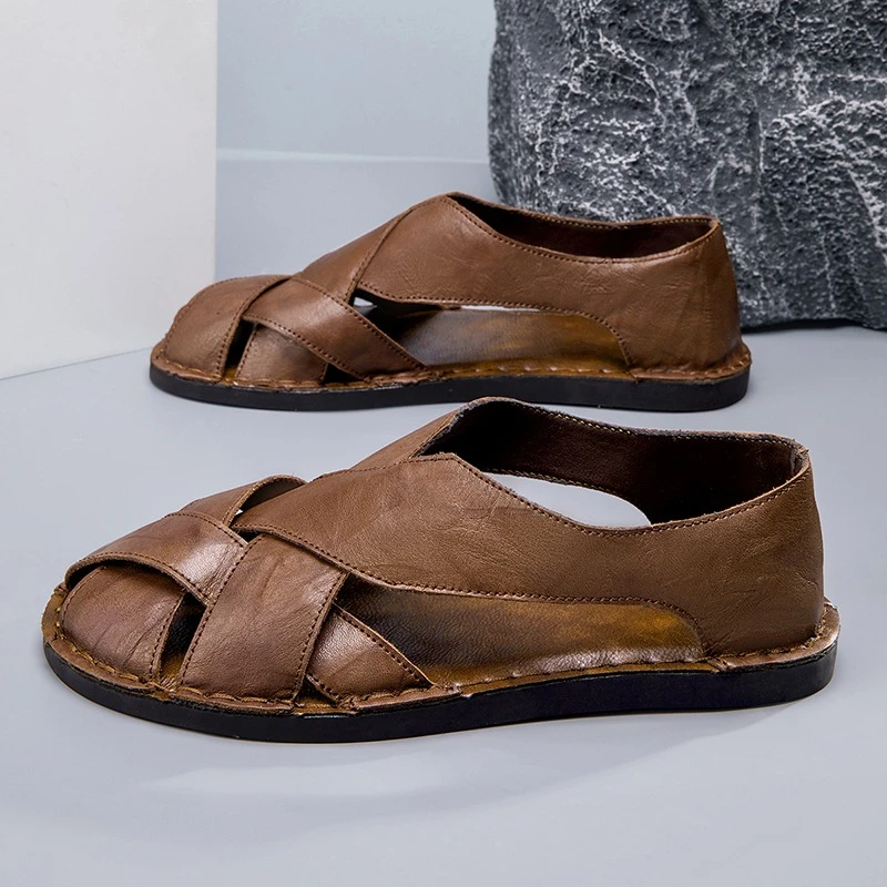 

Summer Men's Closed Toe Criss Cross Fisherman Sandals Large 38-48 Lightweight Genuine Leather Sandals Youth Beach Slippers