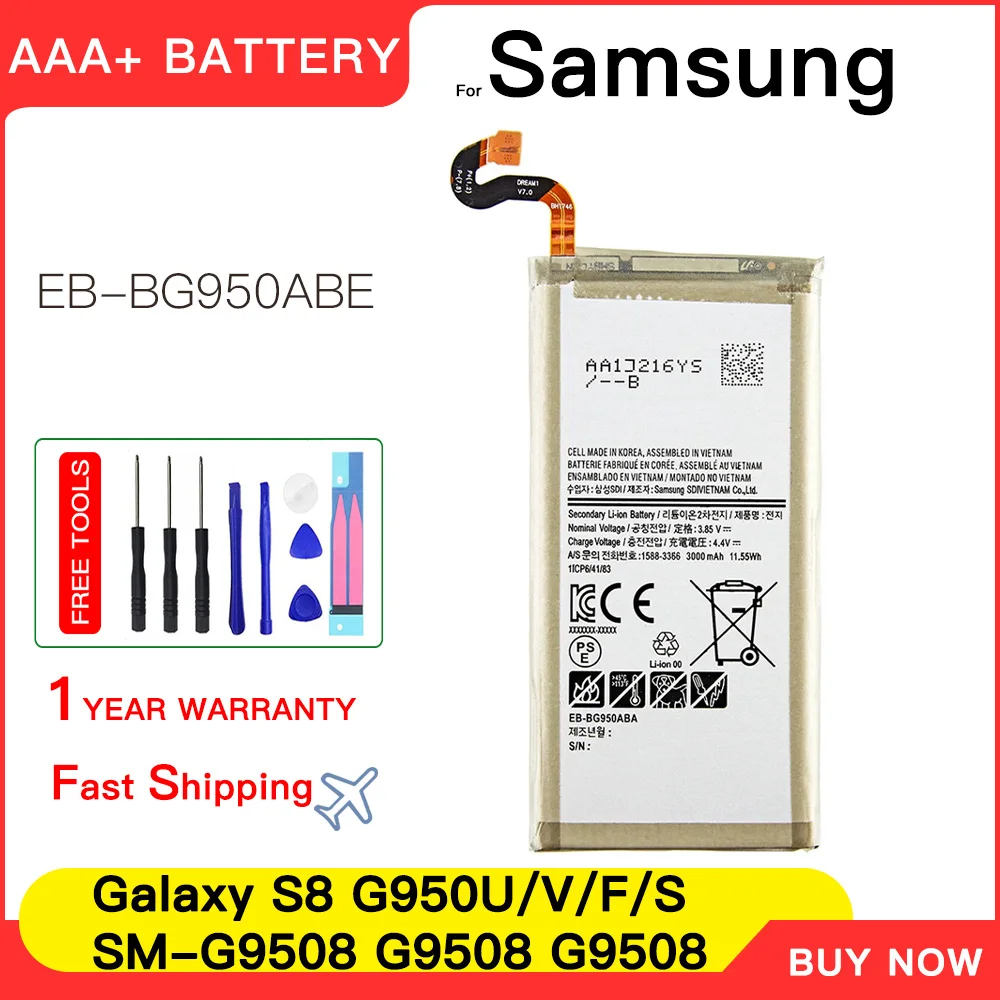 

Genuine B-BG950ABE 3000mAh Battery Replacement for Samsung Galaxy S8 S 8 SM-G9508 G9508 G9500 G950U G950F Batteria+Tools