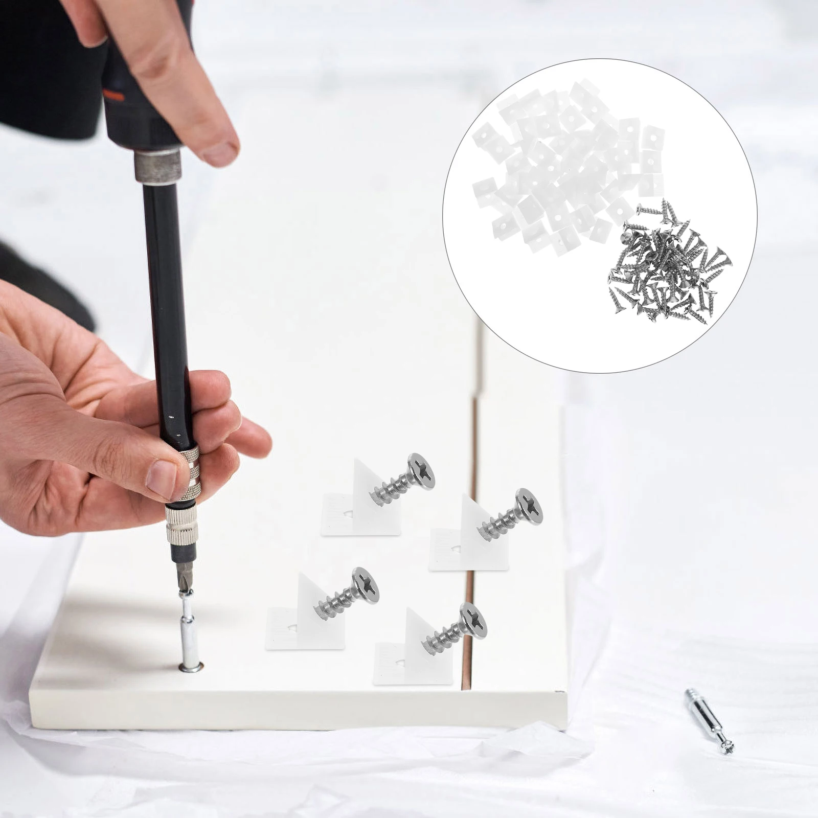 

50pcs Plastic Angle Bracket Self-Tapping Screws Cabinet Wardrobe Shelves Diy Furniture Drawer Repair Kit Durable Fixing Support