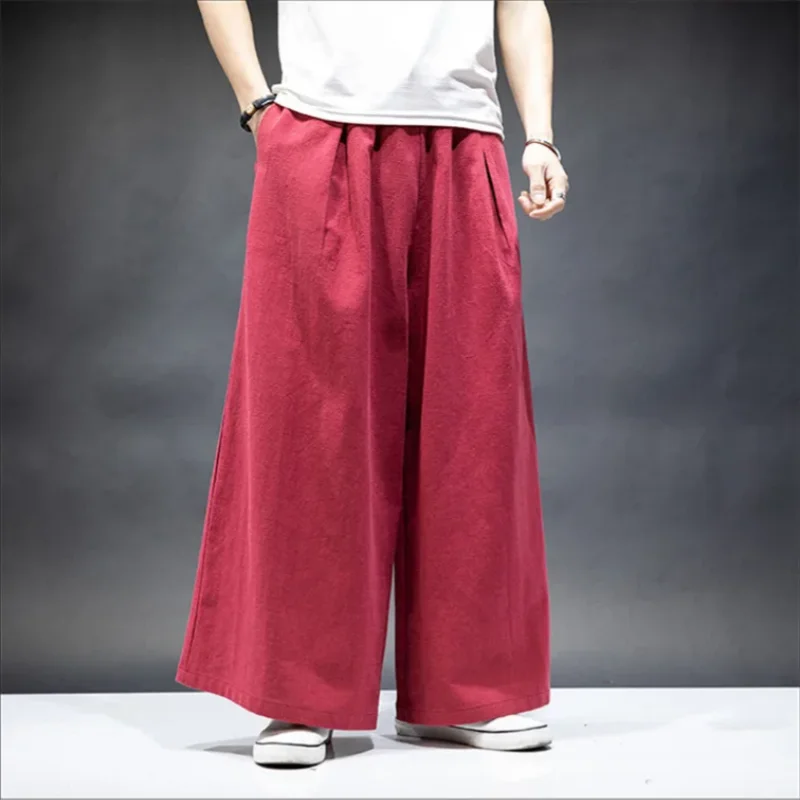 Japan style men\'s cotton linen wide leg pants,plus size ML-7XL Vintage casual Elastic Waist Pockets Joggers Retro Loose Trousers