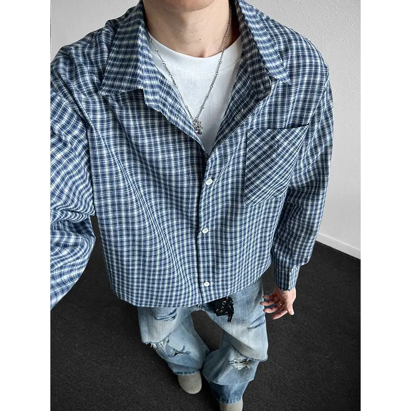 

2026 Spring Long Sleeve Plaid Shirt Men's Trend Loose Shirt Dark Blue Versatile Top