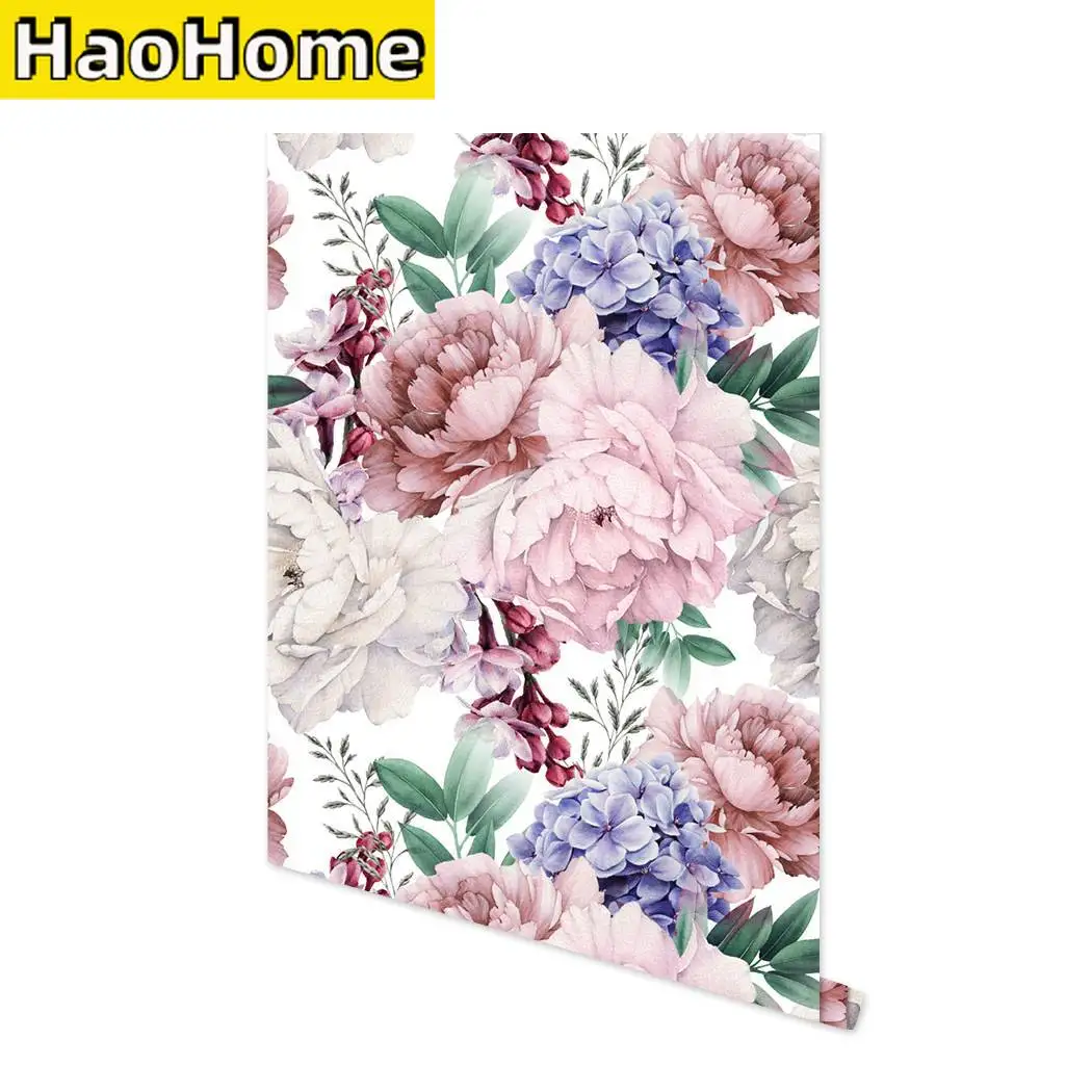 

Watercolor Pink Floral Self Adhesive Wallpaper Vintage Peel and Stick Peony Floral Removable Wallpaper for Bedroom Wall Decor