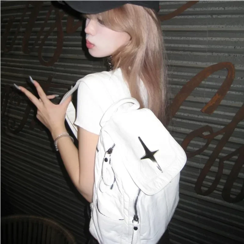 Xiuya White Y2k Womens Backpack Vintage American Style Designer Fashion Aesthetic Backpacks Casual Leather Simple New Luxury Bag