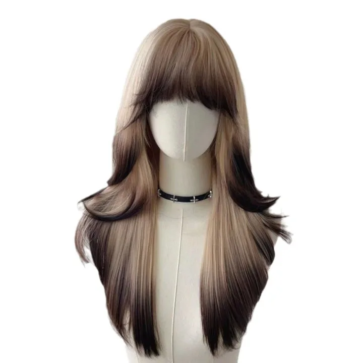 Wig Headband Wig Big Waves Siamese Cat Gradient Long Curly Hair Air Bangs Imitation Full Real Human Hair Cosplay Wig