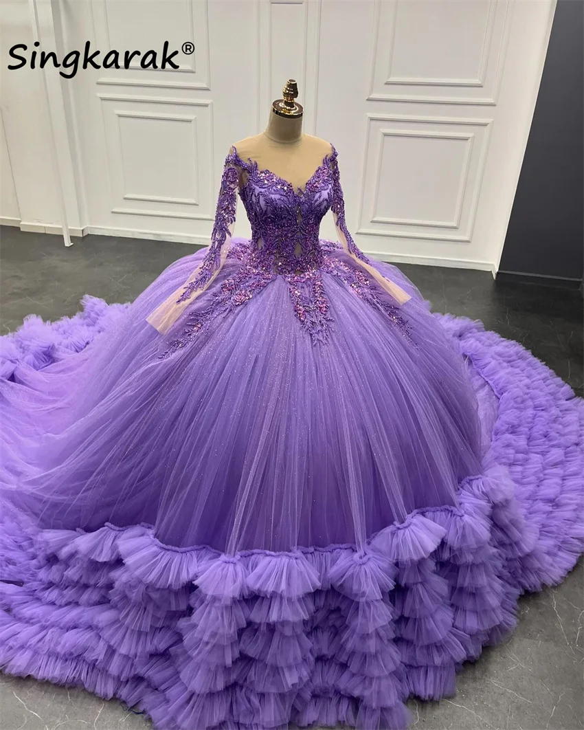 

2025 Lavender Purple Quinceanera Dresses Tiered Ruffles Beads Birthday Party Long Sleeves Sweet 16 Dress Ball Gown Customized