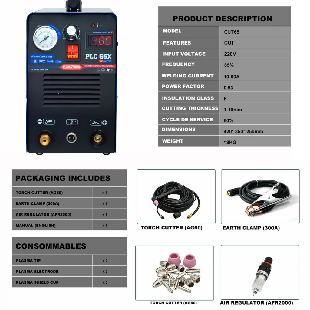 PLASMARGON Máquina Inteligente Cortador De Plasma, Inversor IGBT, Equipamento De Corte, Corte De 14mm, HF, CNC, PLC65X