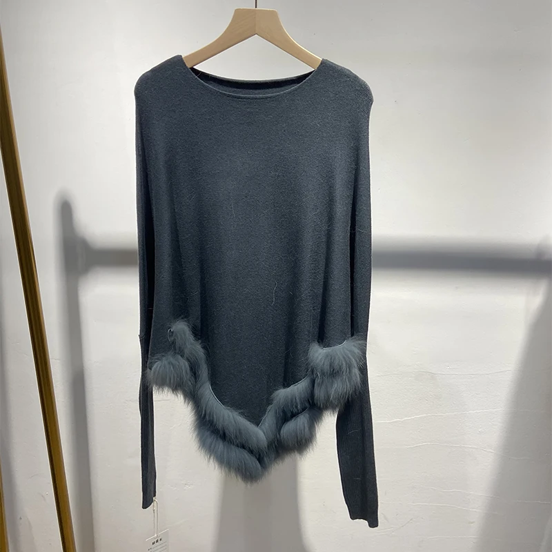 2025年女性用秋の本物のキツネの毛皮ニットオーバーサイズグレーセーターマント本物のキツネの毛皮無地ニットケープ