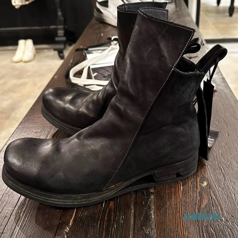 Black Men's Side-Zip Ruffled Chelsea Ankle Boots Round Toe Low Heel Street Style Urban Edgy Minimalist Casual Fashion Shoes