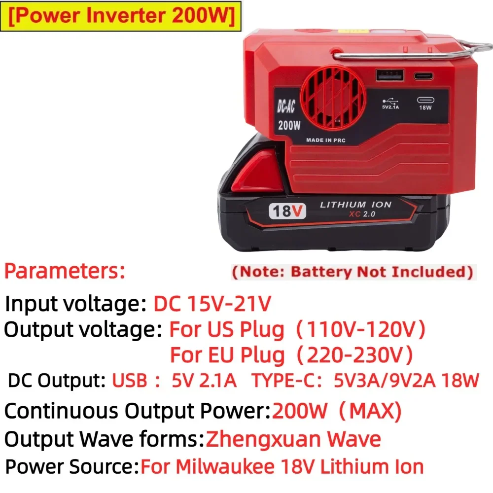 200W Power Inverter For Milwaukee 18V Lithium Ion Battery Adapter with 110V~230V AC Outlet with USB LED Light （No Battery）