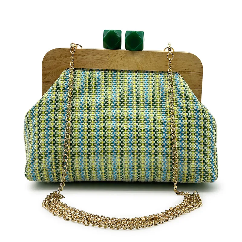 

Colorful Striped Straw Clucth Bag for Women Wooden Clip Shell Shoulder Crossbody Bags Casual Weave Summer Beach Bag