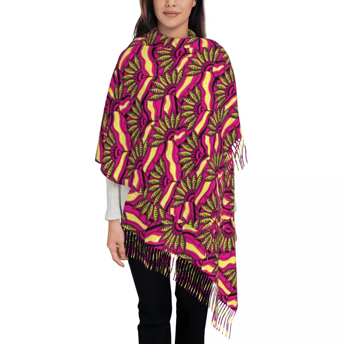 

African Ethnic Flower Pattern Tassel Scarf Women Soft Shawl Wrap Female Winter Scarves