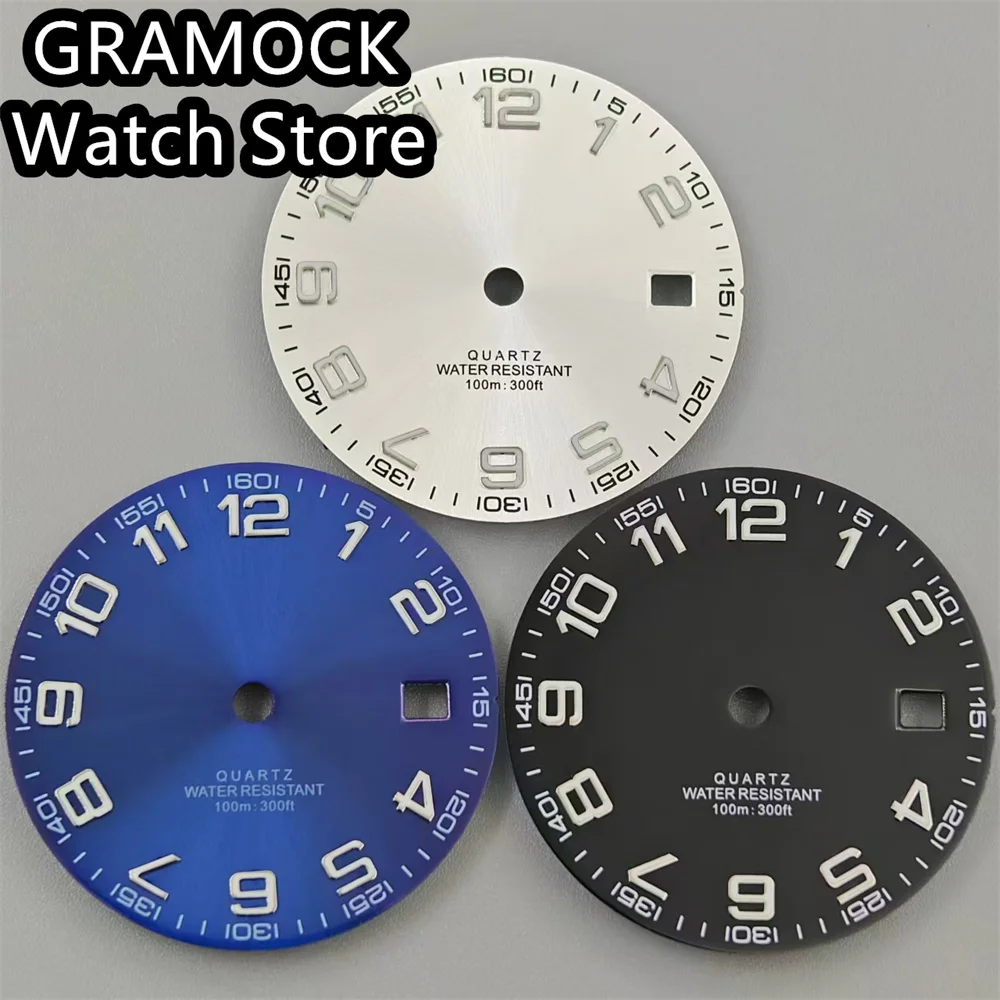 GRAMOCK 29mm Quartz Watch Dial Black White Blue Dial With Hands Set Numerical index Luminous Fit RONDA 515 Movement accessories