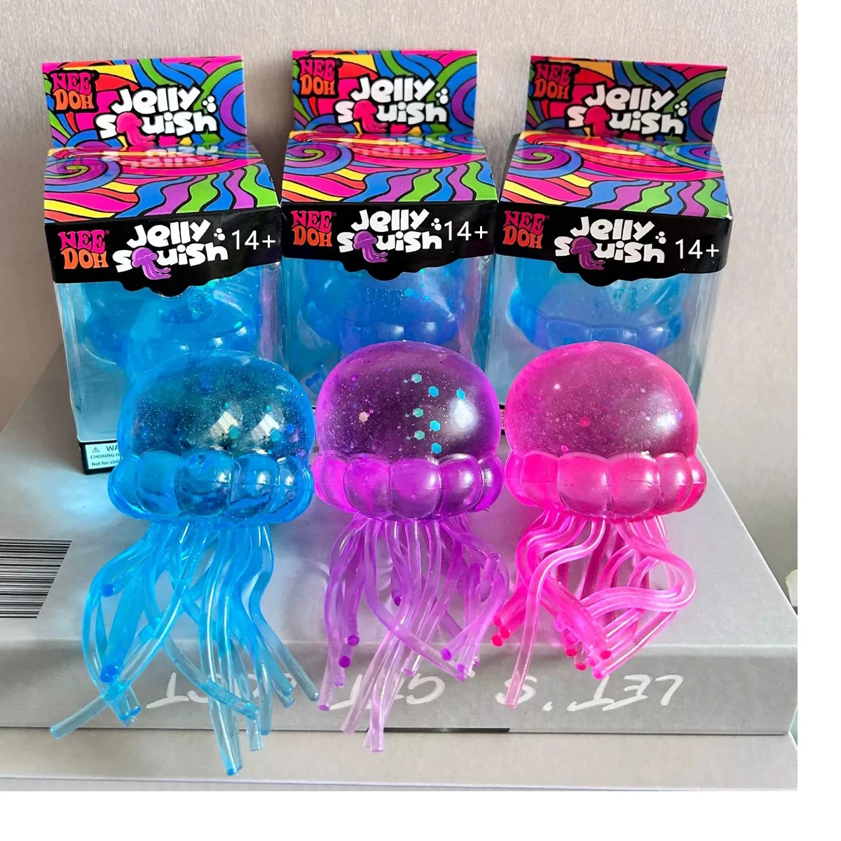 Schylling Nee Doh large size Jellyfish & Cube Squish Toy, Soft Jelly Squeeze Stress Relief Fidget Toy,NeeDoh forAdults Toy ﻿