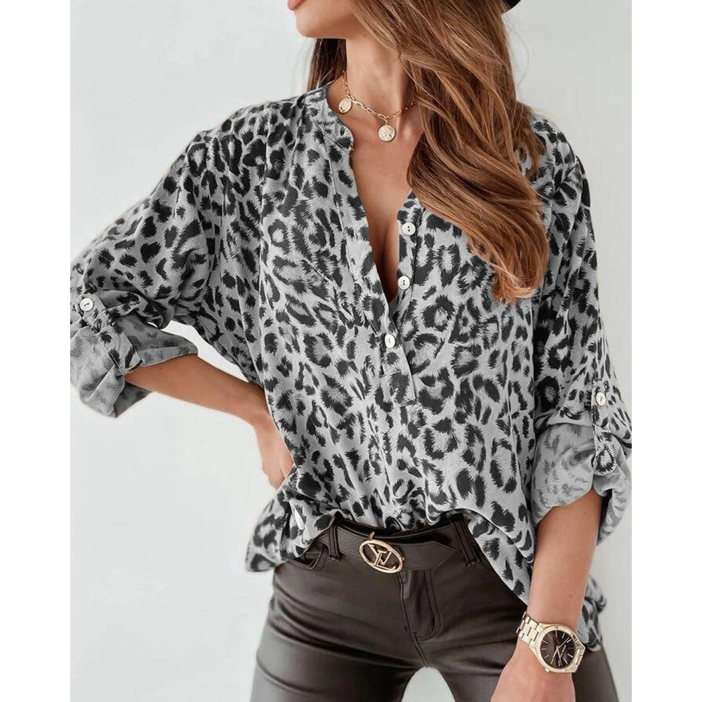 

Women Leopard Print Roll Up Sleeve Casual Blouse Buttoned Design Long Sleeve Fashion Spring Blusas Top Outwear Shirts Traf