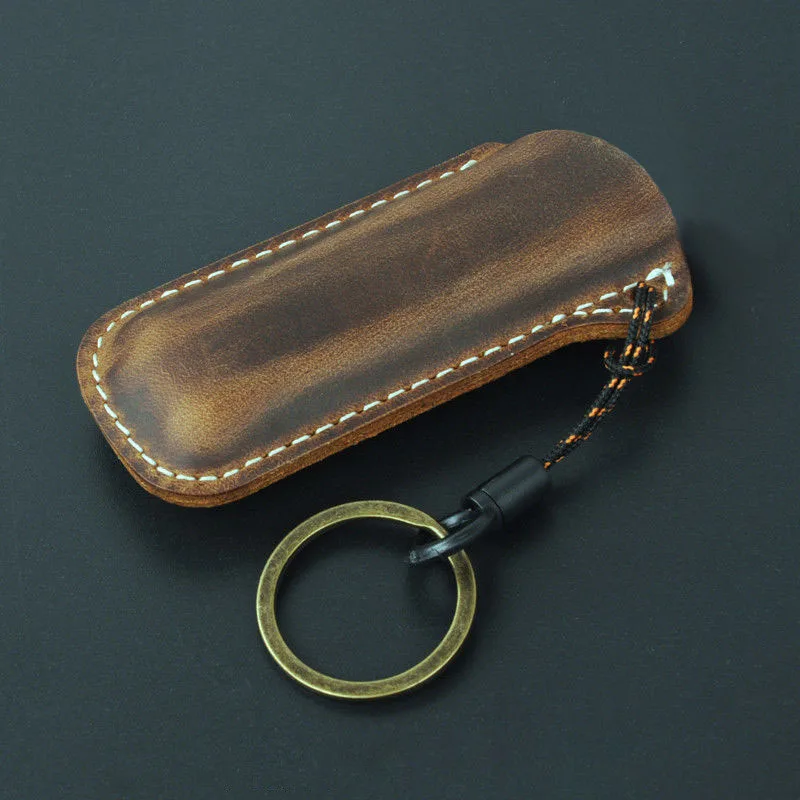 High-Quality Leather Handmade Keychain holster Explosion-Proof Gas Lighter Protect Case For Bic Lighters Reusable Leather Cover