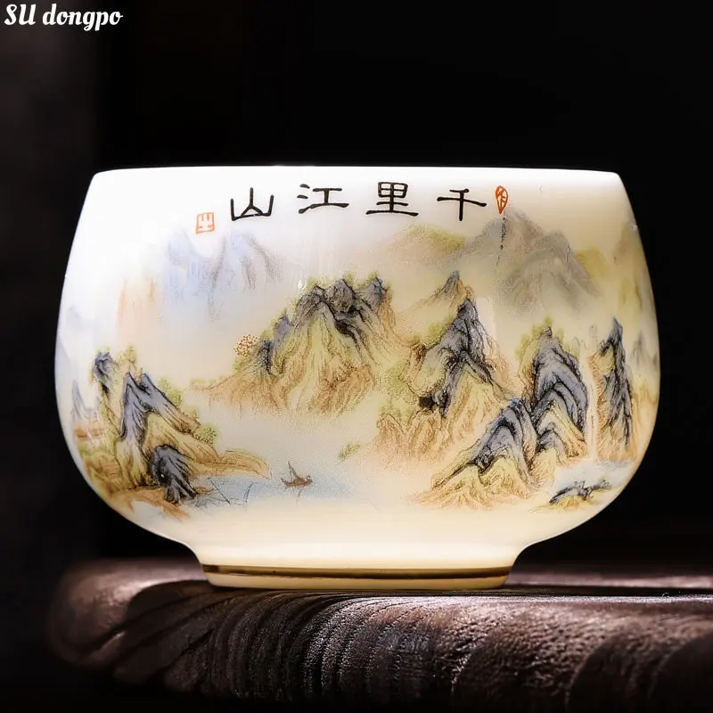 White Porcelain Qianli Jiangshan Tea Cup Chinese Painting Master Tea Cup Office Household Tea Cup Large Luohan Cup Gifts