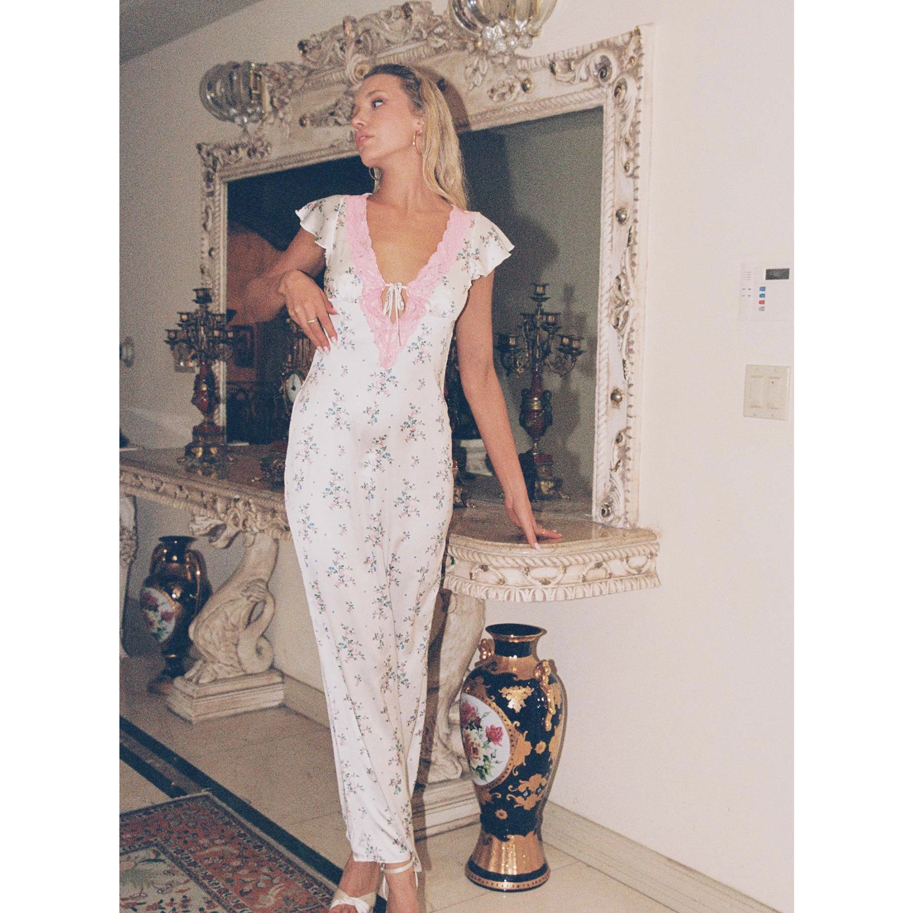 

IAMUBABA Princ Polly Vaion Sle Floral Lace iny Satin Angel Wing Dr Женские рубашки для поездок на работу из полиэстера с высокой талией...