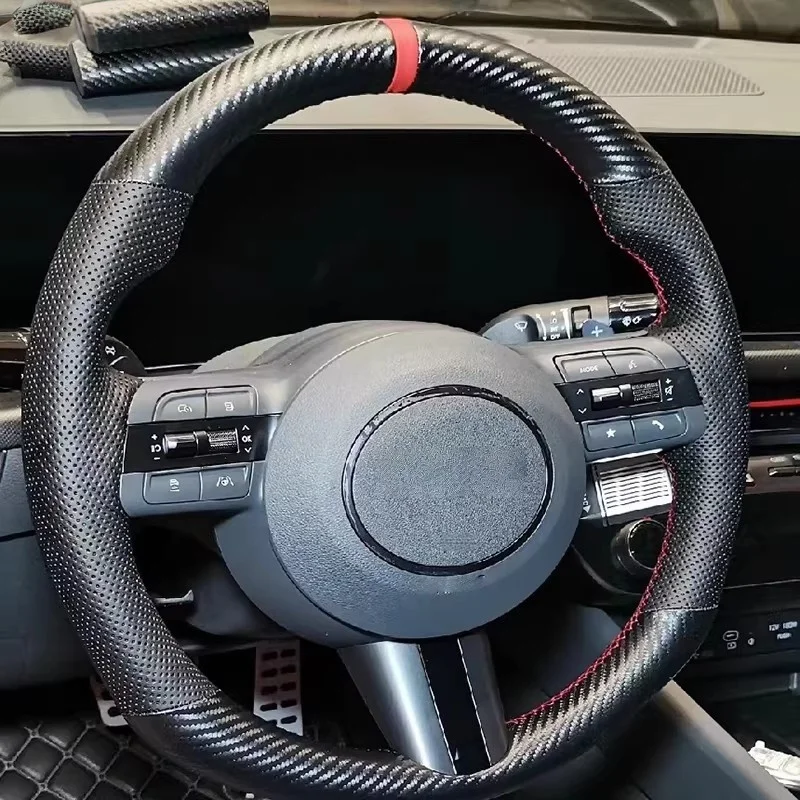 

Kona Tucson 2024 Carbon Fiber Leather Car Steering Wheel Cover Hand-stitched Car Accessories For Hyundai Sonata 2023 2024 2025