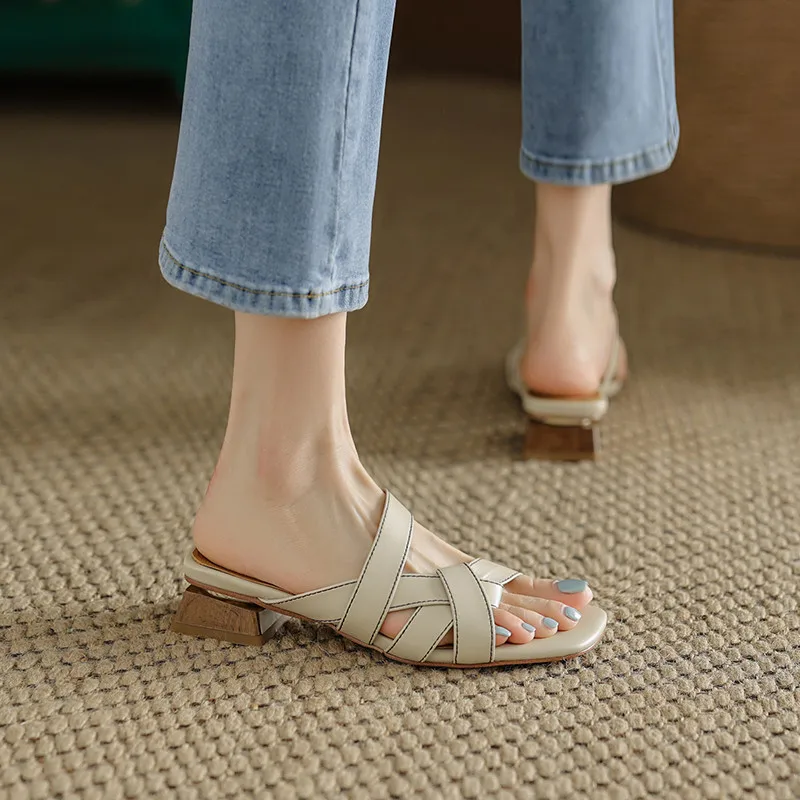 FEDONAS Summer Women Sandals Low Heels Slippers Narrow Band Hollow Genuine Leather Casual Pumps Shoes Woman Fashion Concise New