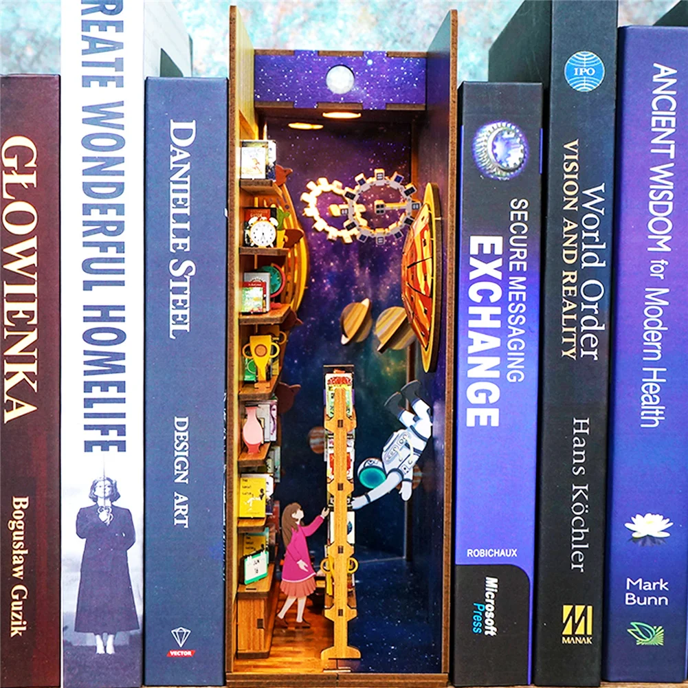 

DIY Wooden Book Nook 3D Puzzles Dollhouse Bookend Bookshelf Insert Diorama Interstellar Light Up Doll Houses Booknook Kits Gifts