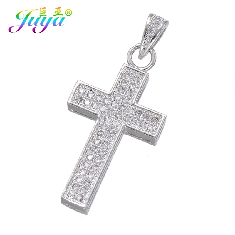 Juya DIY Religious Pendants Supplies Micro Pave Zircon Christian Cross Charms For Handmade Believers Rosary Jewelry Making