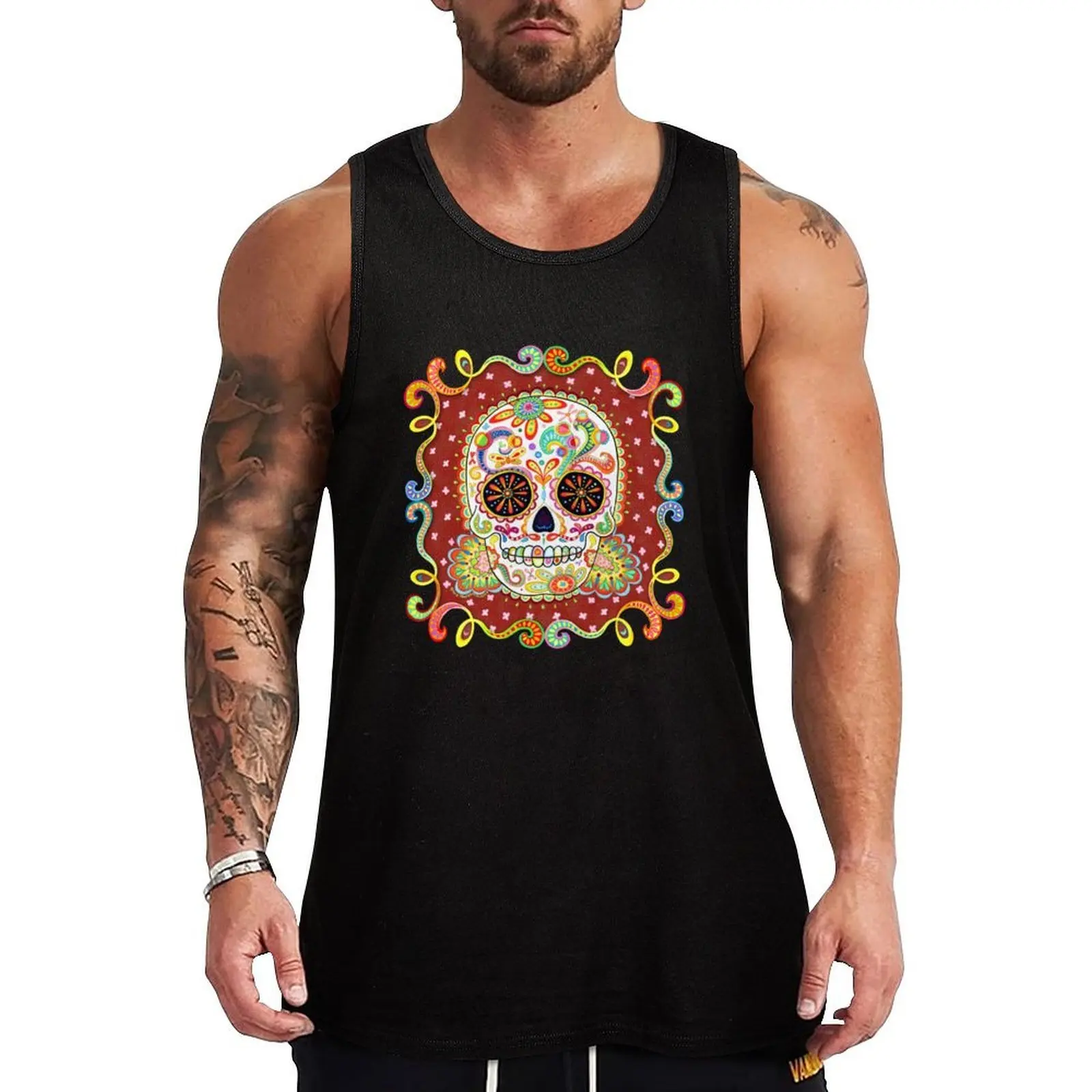 Colorful Day of the Dead Sugar Skull Shirt Tank Top Novelty Print Tank Top Casual Graphic Sleeveless Tee