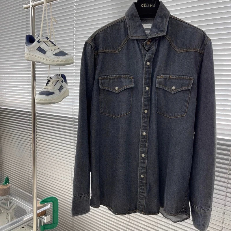 

BC pocket spliced lapel casual denim shirt