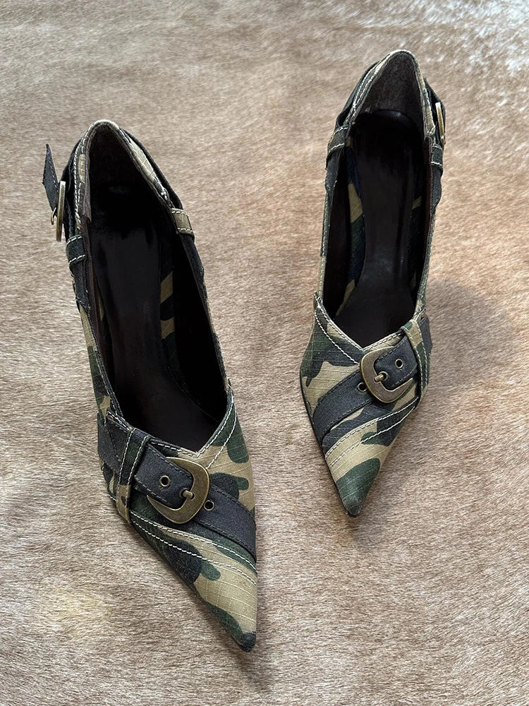 Pointy Toe Camouflage Pumps Belt Buckle Decor Stiletto Heels Sexy Women Slip On Summer Casual Daily Casual Shoes Dress 2024