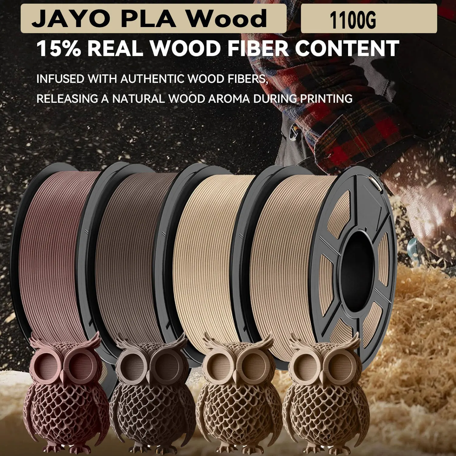 JAYO 3D Wood PLA Printer Filament 1.75mm  1.1KG 15% Real Wood Fibers Dimensional Accuracy +/- 0.02mm Fits Most FDM 3D Printers
