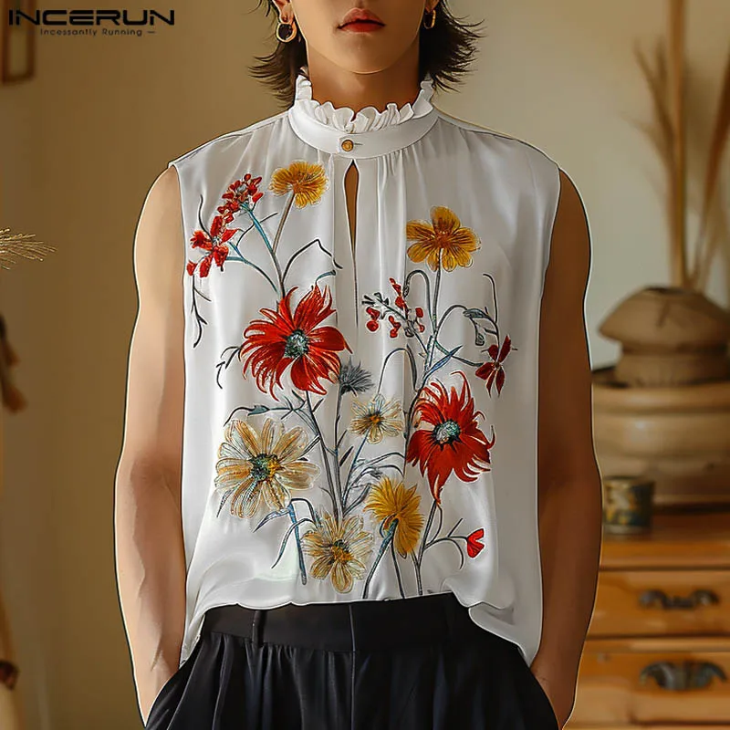 INCERUN Men Tank Tops Flower Printing Turtleneck Sleeveless Summer Male Vests Streetwear 2024 Fashion Casual Men Clothing S-5XL