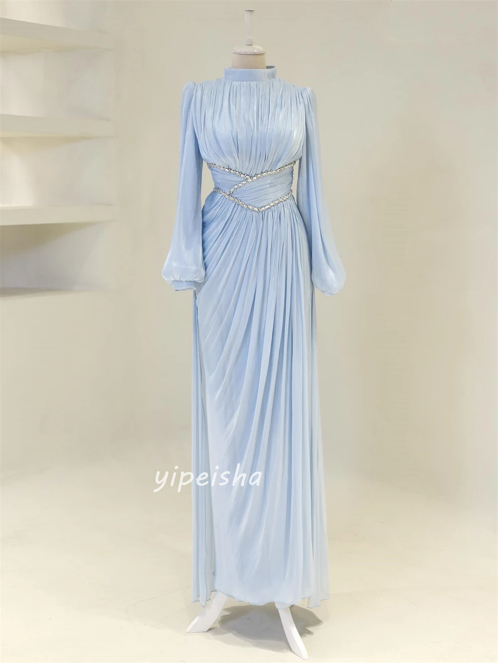 Customized High Quality Classic Chiffon Rhinestone Pleat Straight High Collar Long Dresses Bespoke Occasion Dresses Matching