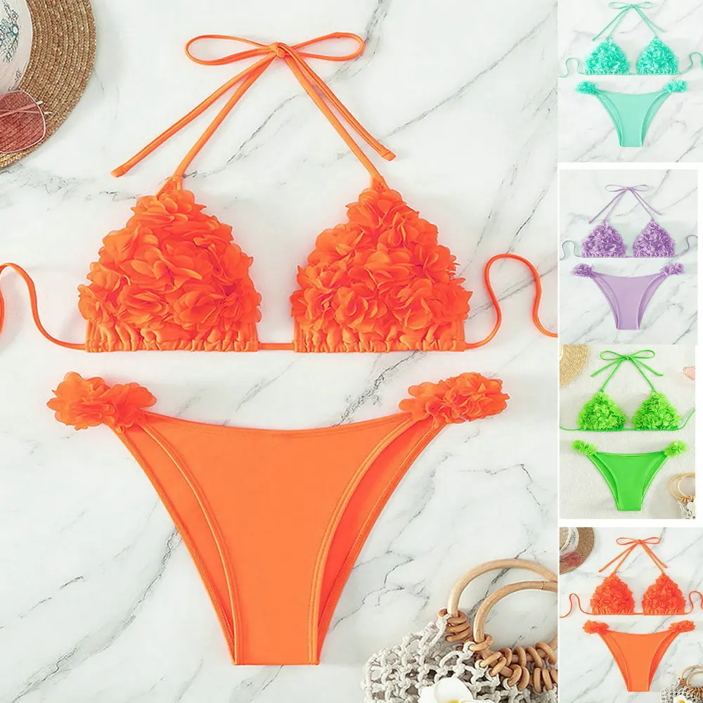 

Sexy 3D Flower Decoration 2 Piece Bikini Set Women Swimwear Summer Swimsuits Fashion Bathing Suits Vacation Beachwear