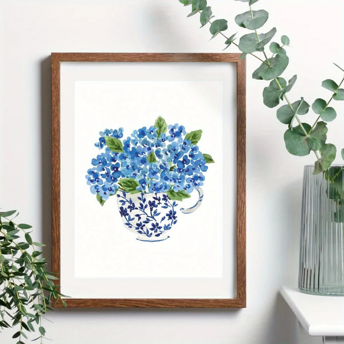 Canvas Art,  Blue Hydrangea Watercolor Poster in Chinese Delft Blue Teacup, No Framed