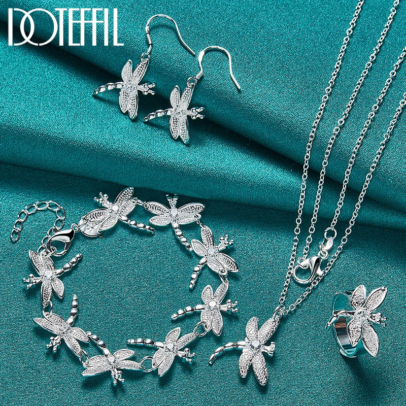 DOTEFFIL 4pcs 925 Sterling Silver Dragonfly inlay AAA Zircon Necklace Bracelet Earring Ring Set For Woman Wedding Party Jewelry