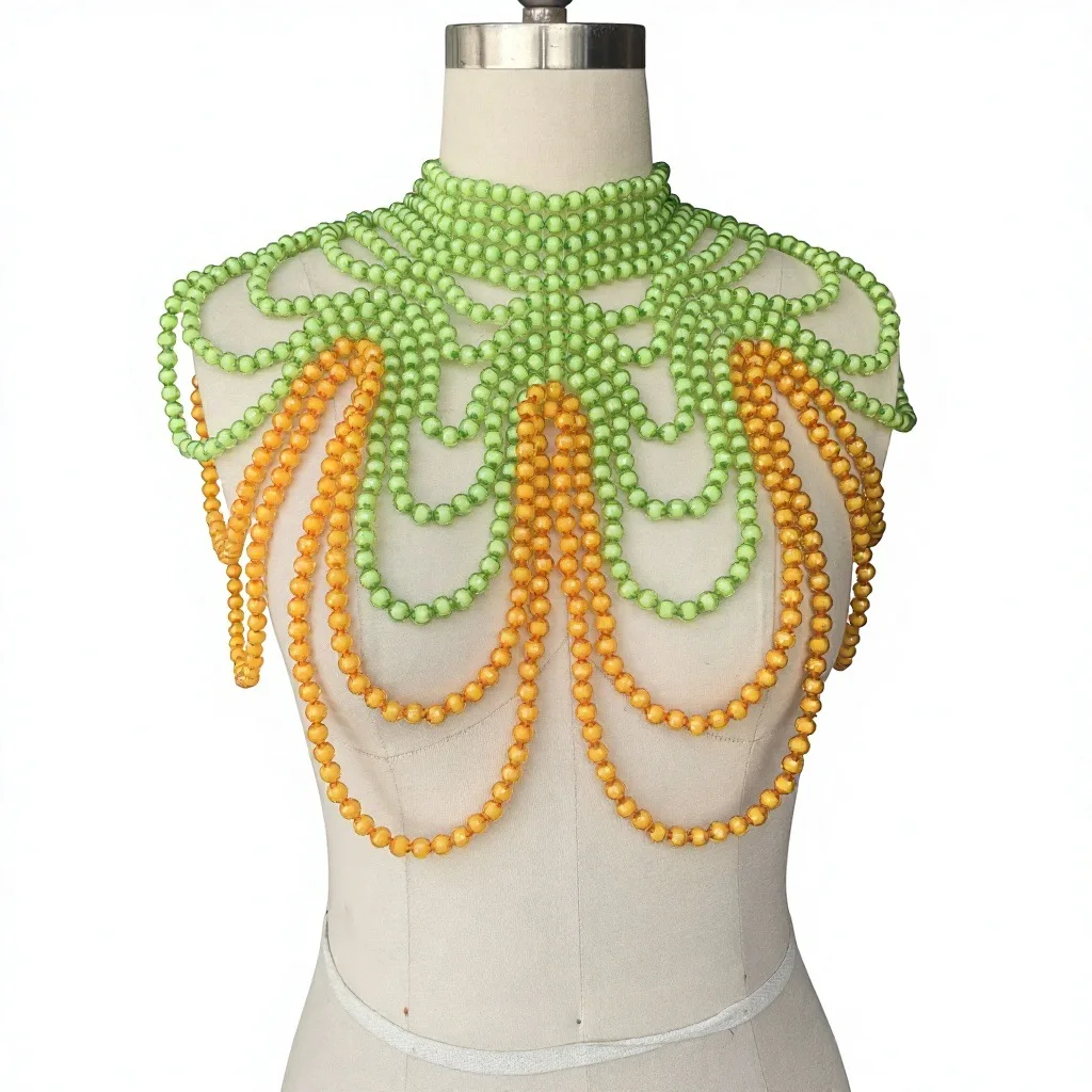 Handmade Women Green Yellow Multi Layer High Collar Beaded Party Statement  Shoulder Chain Pearl Shawl Necklaces Body Chain