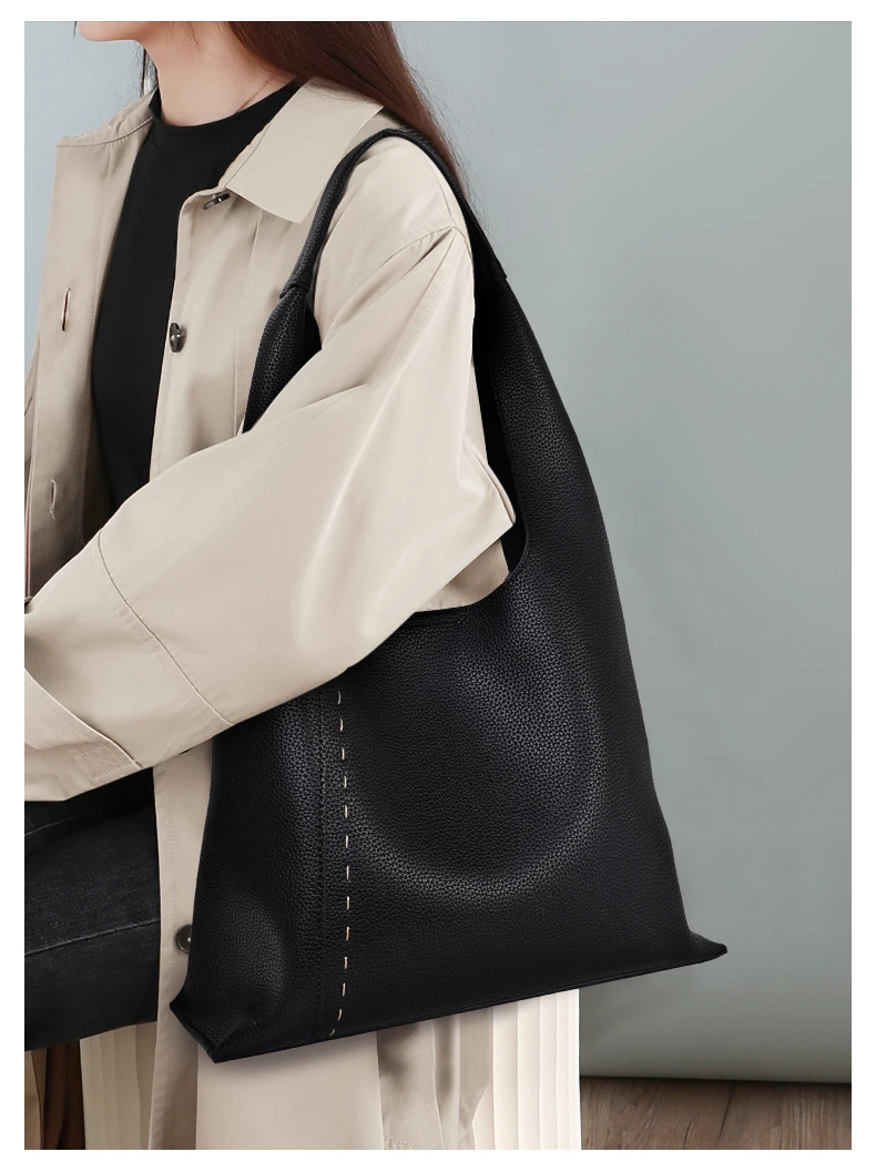 Weiche Litchi-Textur Echtleder Damen Hobo-Tasche Große Kapazität Innentasche Schulter-Tragetasche für Einkaufen Büro Täglichen Gebrauch – Detail 1
