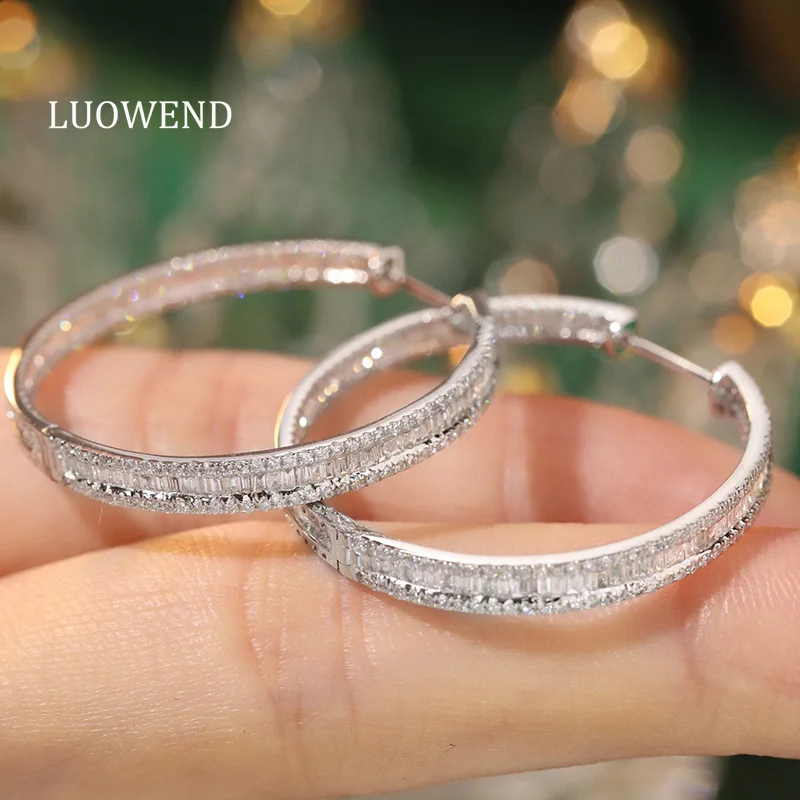 LUOWEND 18K White Gold Earrings Luxury Simple Style 1.3carat Real Natural Diamond Hoop Earrings for Women High Party Jewelry