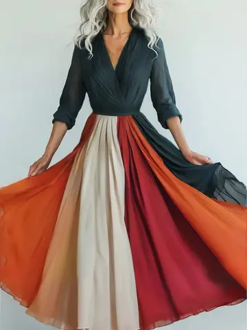 नई बोहेमियन स्टाइल लंबी आस्तीन वाली मेश ड्रेस वेकेशन वाइब्स फुल स्कर्ट शिफॉन ड्रेस वी-नेक एंकल-लेंथ रेगुलर कमर 8 best sales रेशमी पोशाक - №3