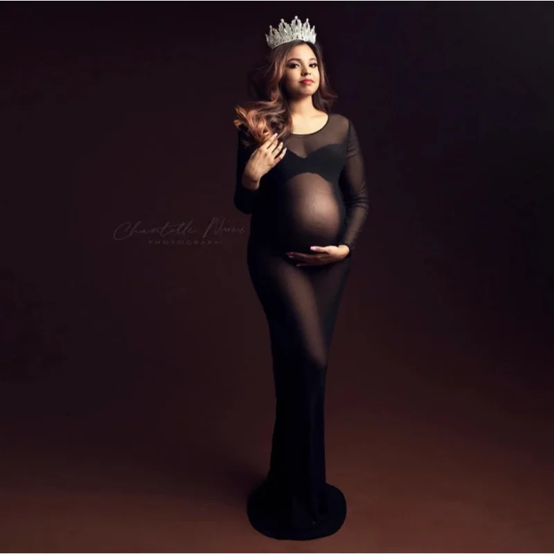 Tulle Bodysuit Pregnancy Dress Mesh Fabric Long Sleeve Stretch Women Maternity Outfit Slim Fit Style Skirt For Photo Shoot