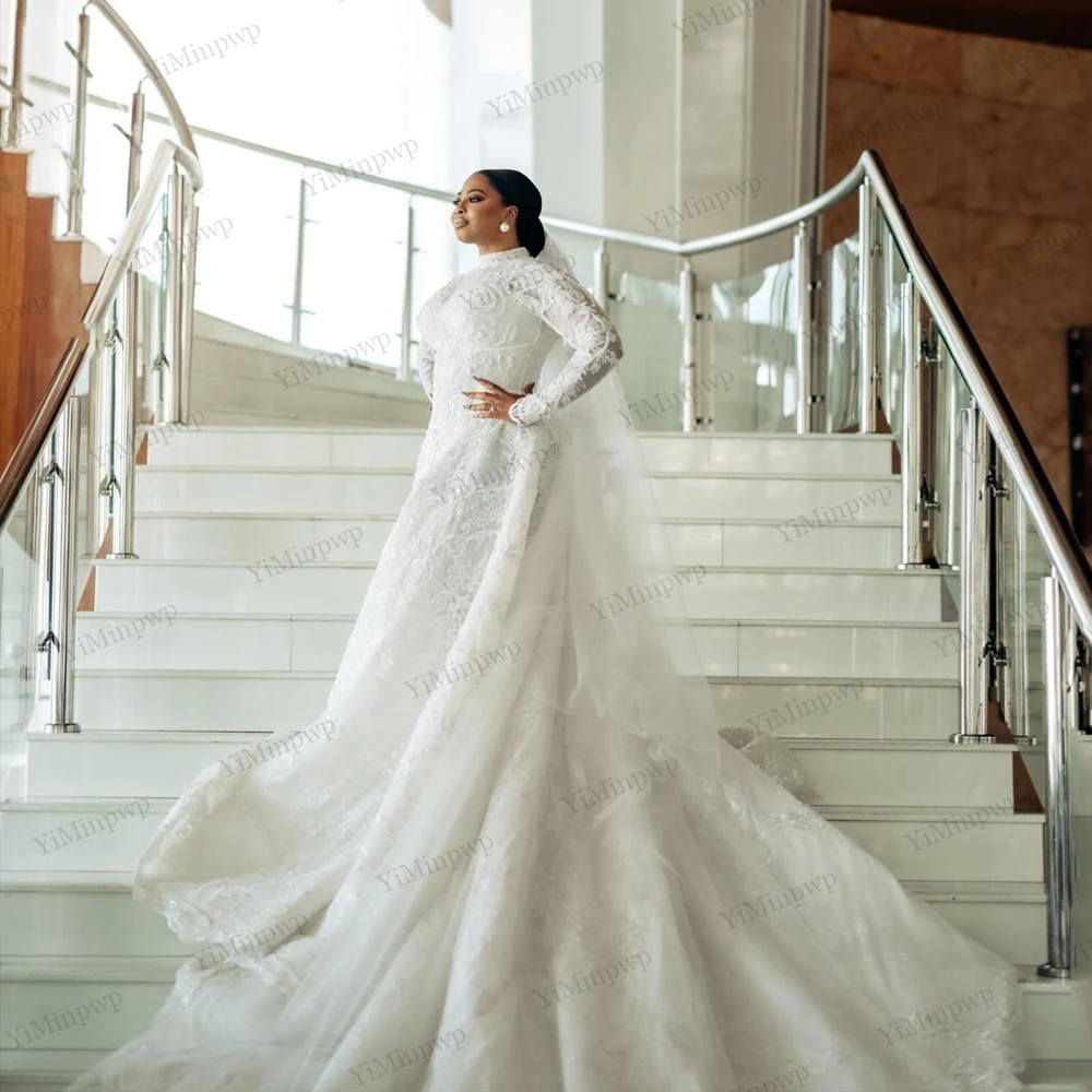 

African Lace Wedding Dress Long Sleeve A-Line Princesa Elegantes White Vestido de novia High Neck Beaded Applique Customized