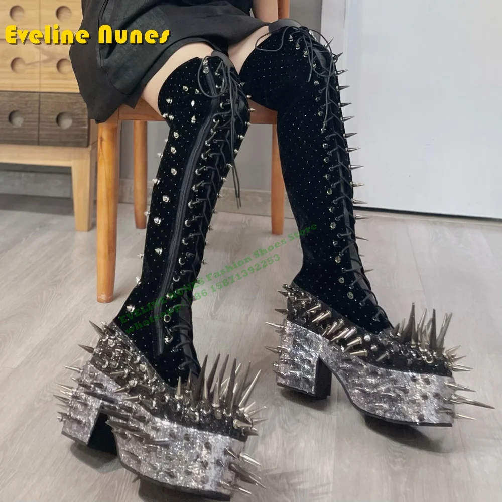 

Heavy Mental Spike Rivet Platform Knee-High Boots Round Toe Thick Sole Lace Up Cyberpunk Style Couple Shoes 2024 Cosplay Newest