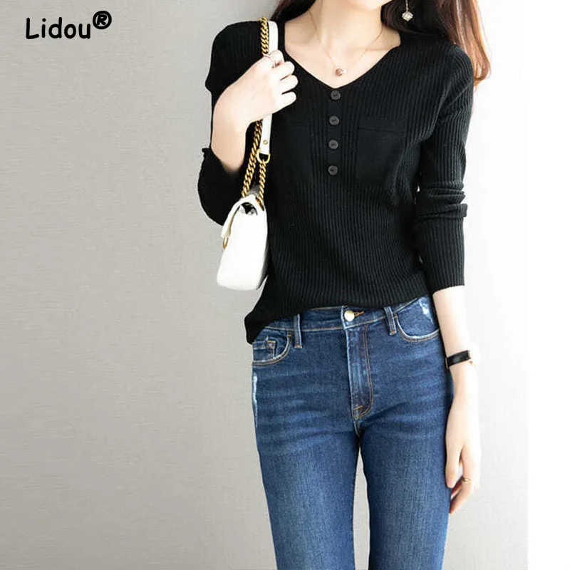 Women's Knitted Long Sleeve V-Neck Pullovers, Monochromatic Bottoming Shirt, Korean Fashion Tops, Elegant Trend, 2024