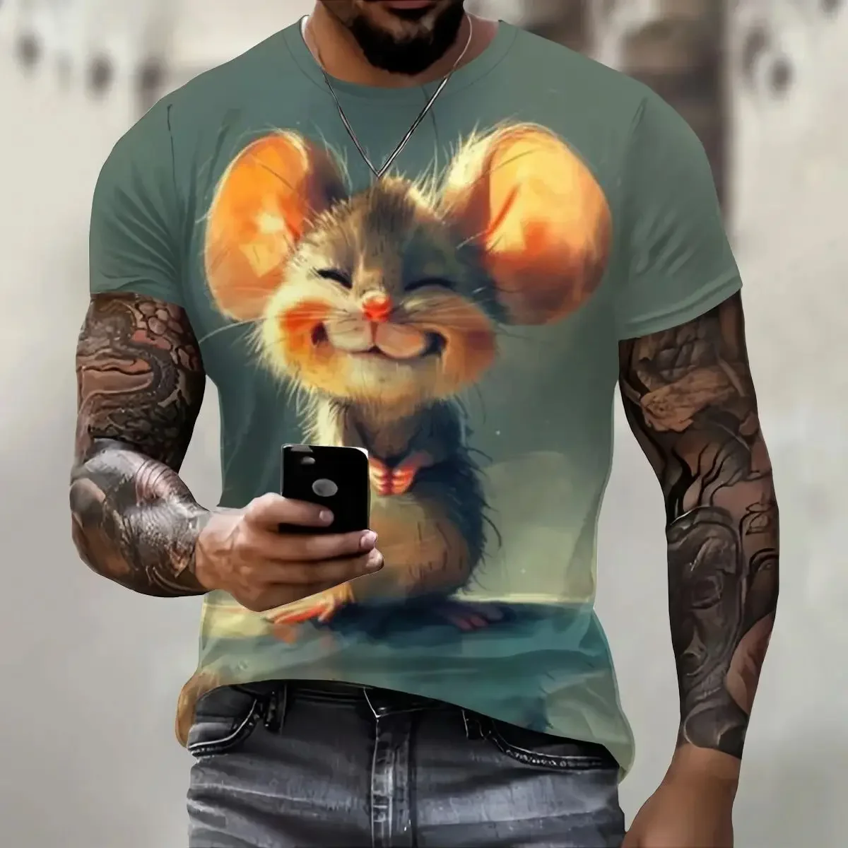 2025, neues modisches, lässiges, schnell trocknendes, atmungsaktives Rundhals-T-Shirt mit 3D-Tierdruck, Outdoor-Stadt-Komfort-Oberteil für Herren