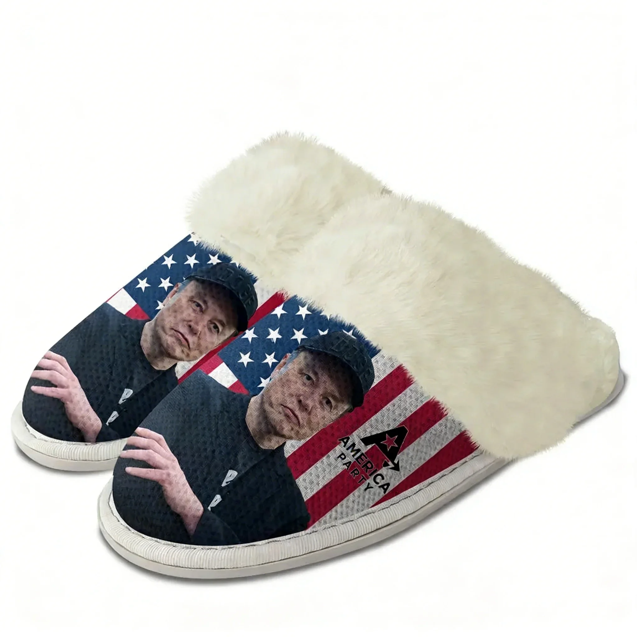 

America Party Plush Slippers Keep Warm Shoes Mens Womens Soft Foot Cover Elon Musk Elastic Cotton Customized Thermal DIY Slipper