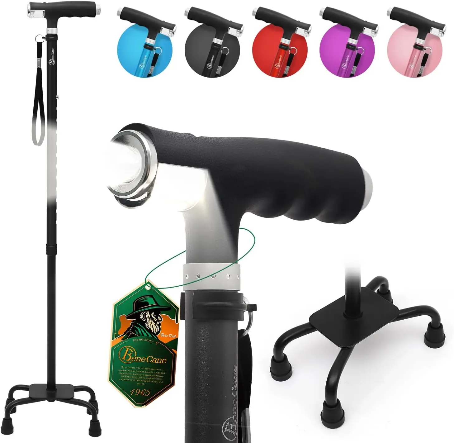 

Трость-квадроопора с LED-подсветкой, регулируемой Т-образной ручкой, широким основанием для устойчивости – легкая трость для мужчин и женщин