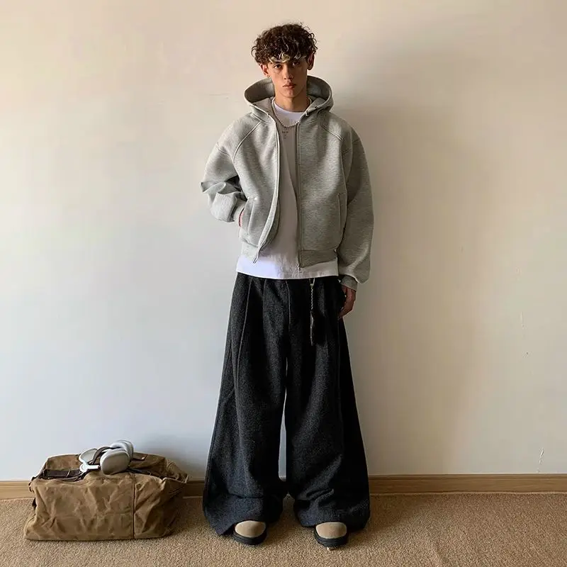 Retro cinza pesado com capuz zíper moletom para homem no outono americano marca de moda rua alta solta versátil jaqueta superior