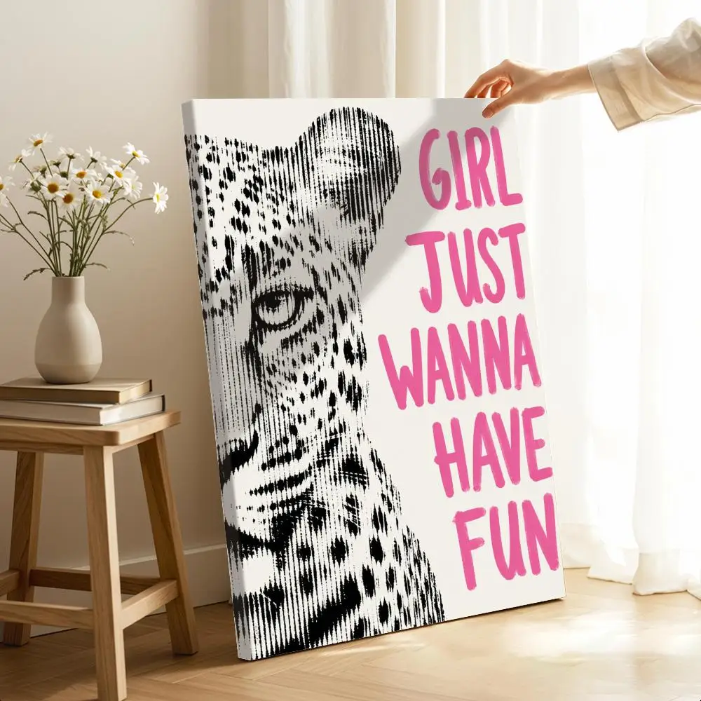 Girl Just Wanna Have Fun Framed Wall Painting Ready to Hang Canvas Art Poster for Living Room Bedroom Home Decor Decals