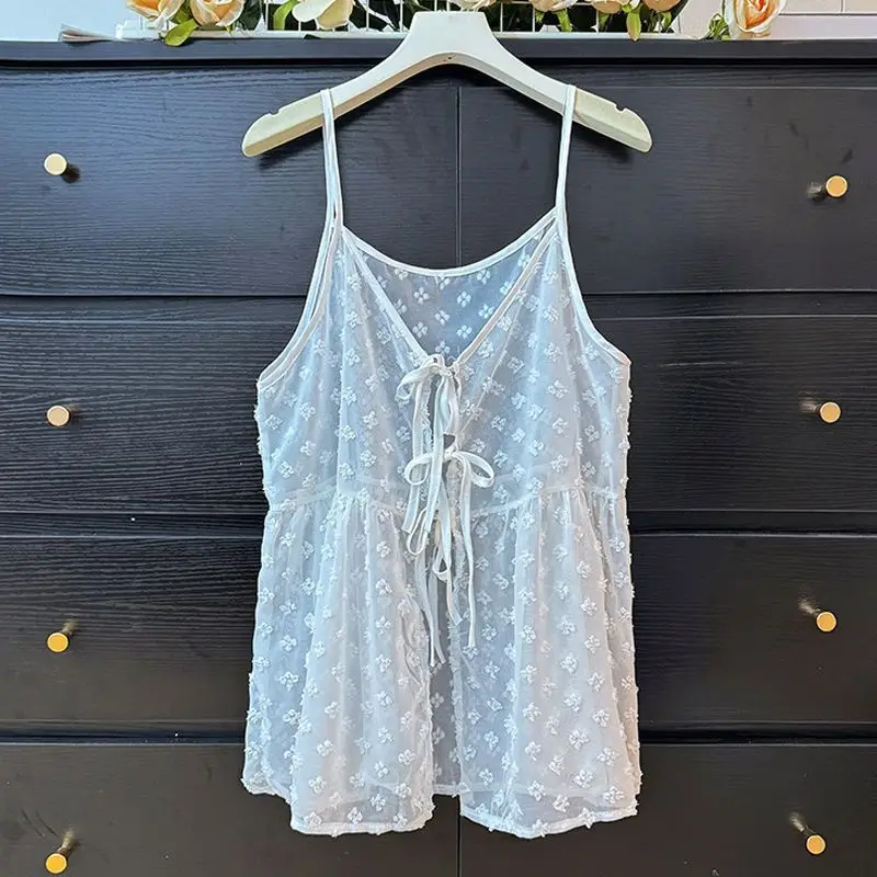 Women Sheer Mesh Camisole 3D Floral Sling Top V Neck Back Lace Up Loose Pleated Layering Vest Summer Casual See Through Sleevele
